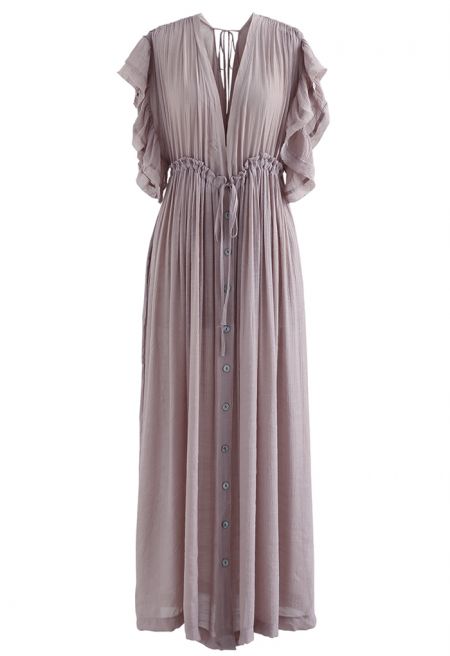 Ruffle Sleeves Deep V-Neck Cover Up in Taupe