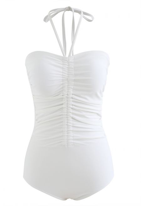 Halter Neck Ruched Front Swimsuit in White