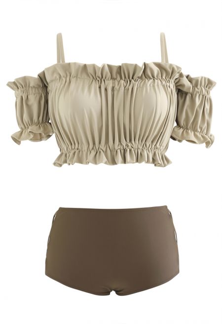Ruffle Trim Cold-Shoulder Bikini Set in Camel