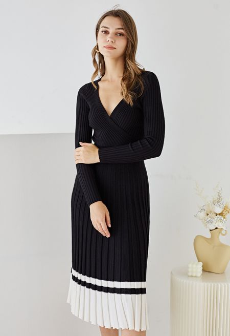 Soft Knit Contrast Hem Wrap Midi Dress in Black