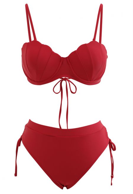 Seashell Shaped Drawstring Bikini Set in Red