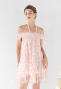 Halter Neck Off-Shoulder Sequined Mesh Cocktail Dress
