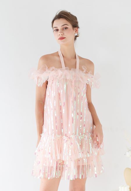 Halter Neck Off-Shoulder Sequined Mesh Cocktail Dress