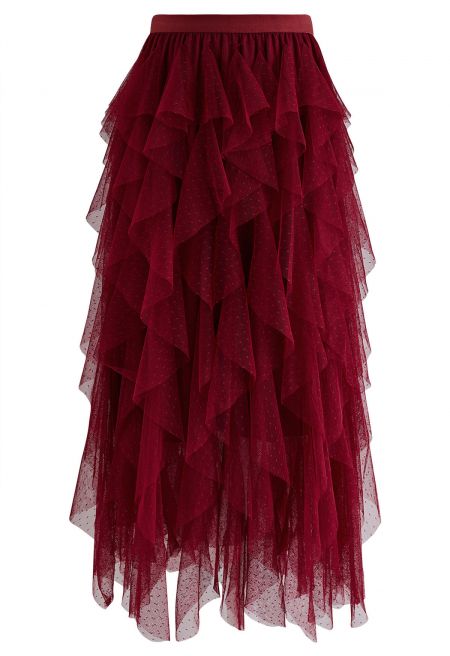Dots Full Ruffled Tulle Skirt in Red