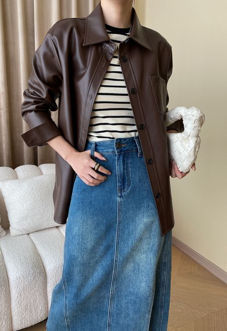 Casual Chic Faux Leather Shirt Jacket in Brown