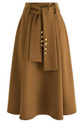 Buttoned Belted Flare Midi Skirt in Tan