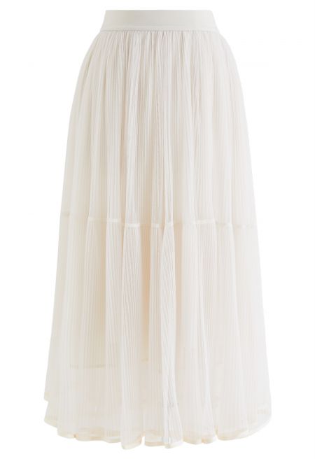 Fairy Plisse Mesh Tulle Midi Skirt in Cream
