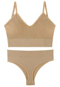 Plain Ribbed Lingerie Bra Top and Thong Set in Tan