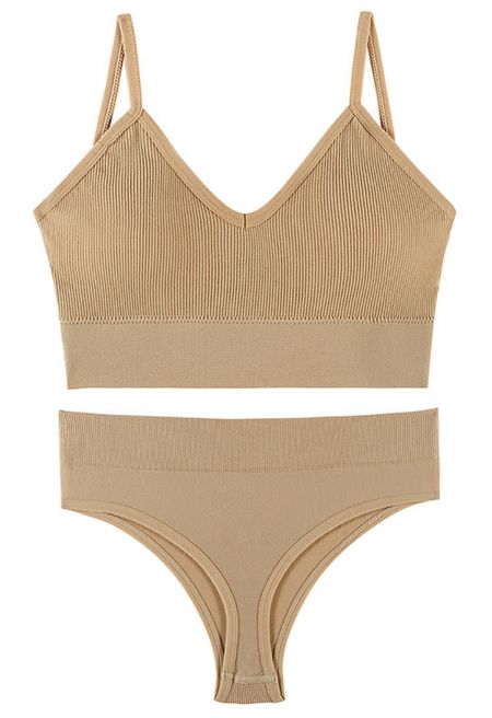 Plain Ribbed Lingerie Bra Top and Thong Set in Tan