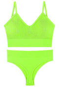 Plain Ribbed Lingerie Bra Top and Thong Set in Neon Green