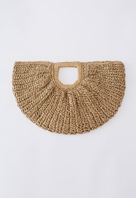 Semicircle Woven Straw Handbag in Tan