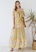 Flower Field Ruffled Overlay Off-Shoulder Maxi Dress