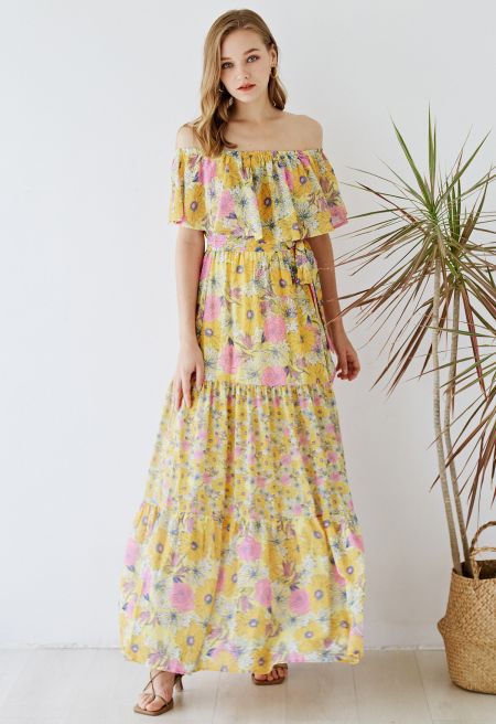 Flower Field Ruffled Overlay Off-Shoulder Maxi Dress
