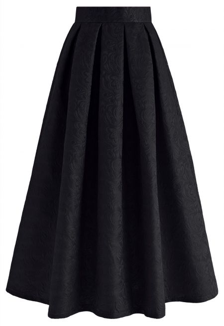 Noble Embossed Floral Jacquard Midi Skirt in Black