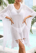 Fringed Hem Pointelle Knit Cover Up in White