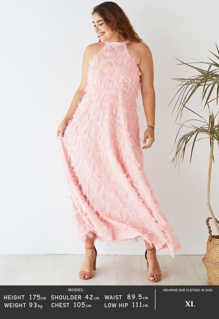 Dancing Feathers Tassel Halter Neck Maxi Dress in Pink
