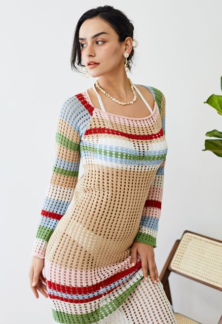 Color Striped Hollow Out Knit Cover Up