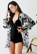 Halter Tied Ruffle Swimsuit with Mesh Kimono in Black