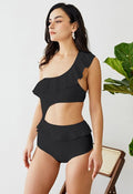 Ruffle One-Shoulder Cutout Swimsuit in Black
