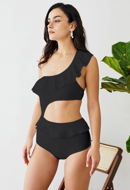 Ruffle One-Shoulder Cutout Swimsuit in Black