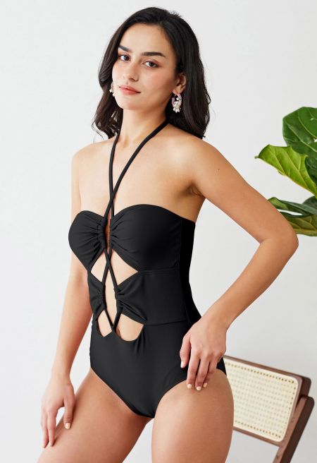 Cutout Crisscross Halter Neck Swimsuit in Black