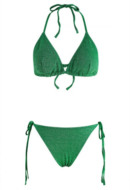 Dazzling Metallic Tie-String Bikini Set in Green