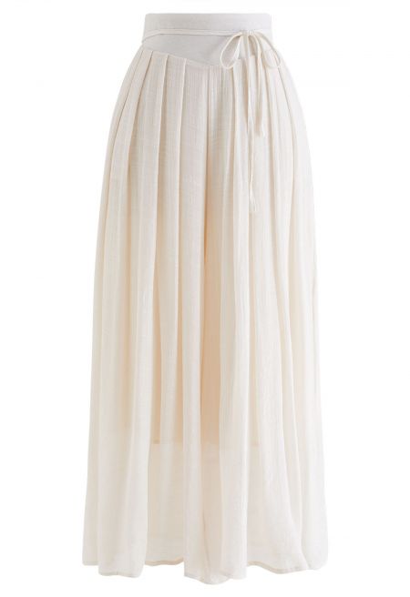 Tie Waist Pleated Wide-Leg Pants in Ivory