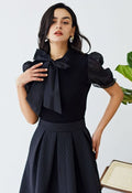 Short Sleeve Detachable Bowknot Spliced Knit Top in Black