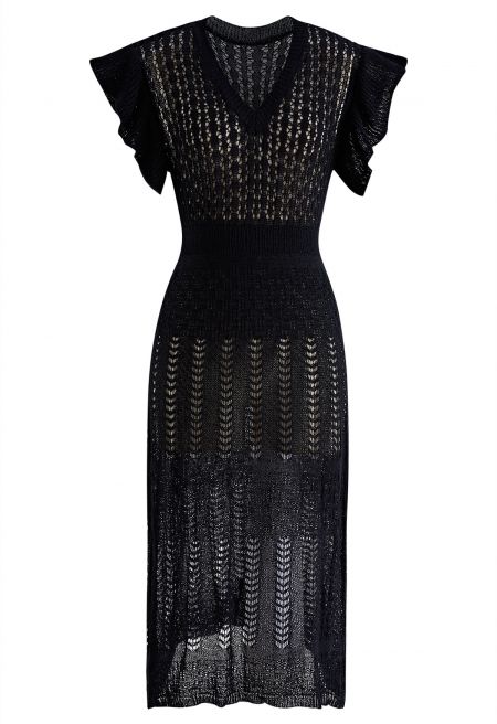 Flutter Sleeves Pointelle Knit Cover Up in Black