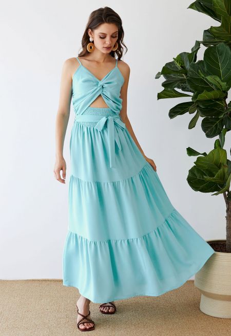 Twist Cutout Shirred Cami Maxi Dress in Mint