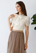Short Sleeve Detachable Bowknot Spliced Knit Top in Cream