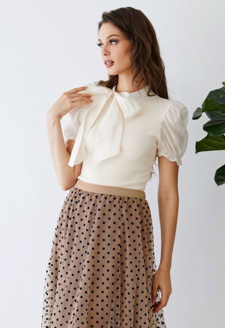Short Sleeve Detachable Bowknot Spliced Knit Top in Cream