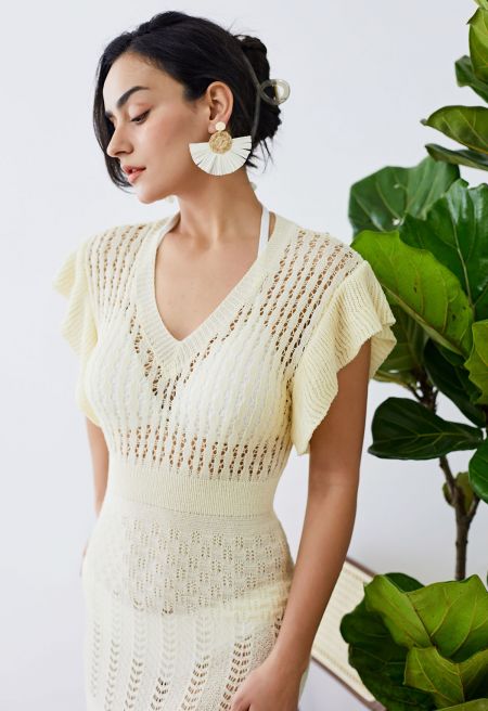 Flutter Sleeves Pointelle Knit Cover Up in Cream