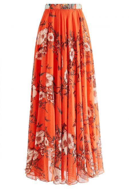 Orange Bouquet Printed Chiffon Maxi Skirt