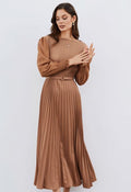 Full Pleated Belted Maxi Dress in Tan Halloween Costumes