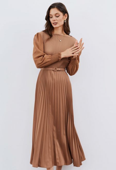 Full Pleated Belted Maxi Dress in Tan Halloween Costumes