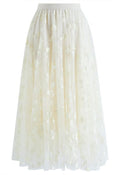 3D Posy Double-Layered Mesh Midi Skirt in Cream