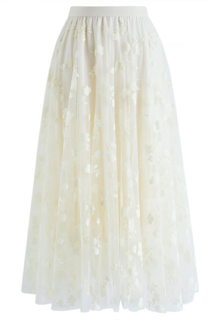 3D Posy Double-Layered Mesh Midi Skirt in Cream