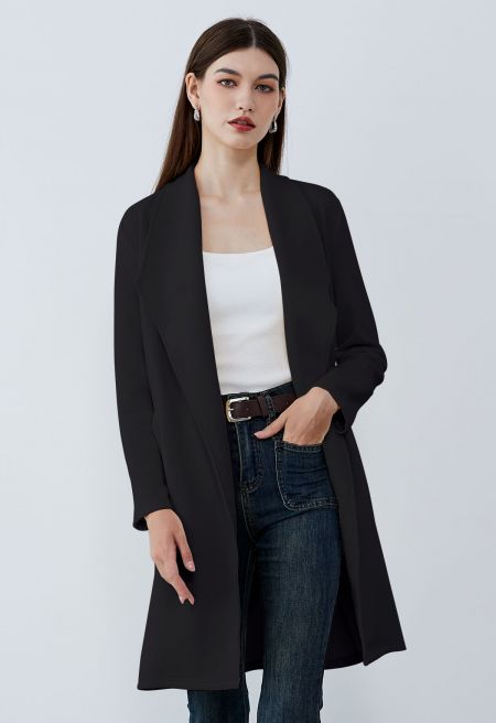 Lapel Open Front Quilted Cotton-Blend Coat in Black