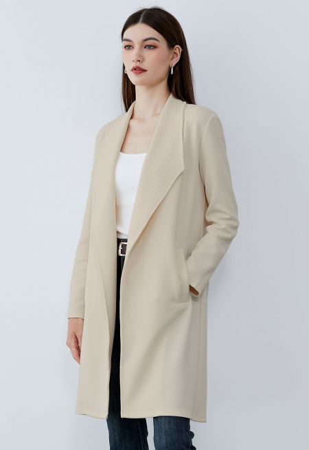 Lapel Open Front Quilted Cotton-Blend Coat in Oatmeal
