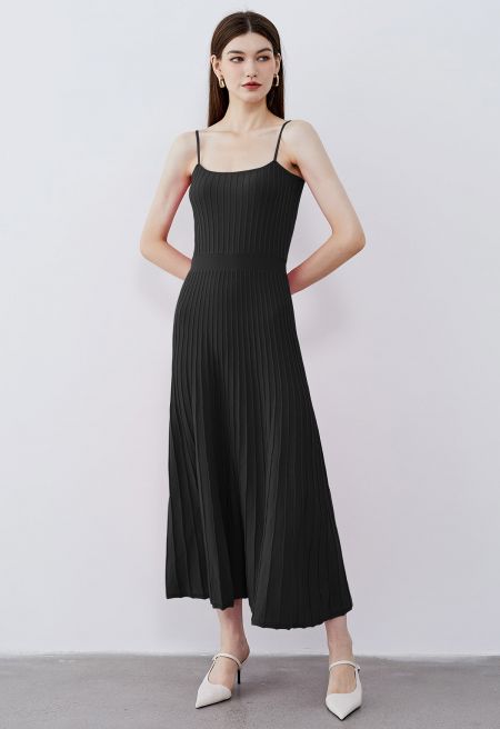 Solid Pleated Knit Cami Dress in Black