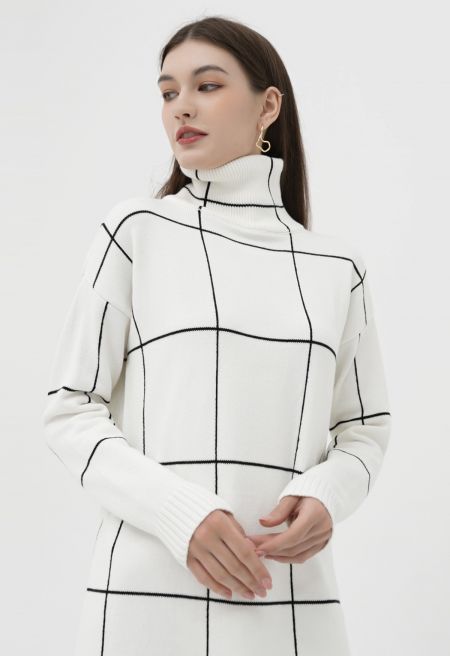Warm Welcome Grid Turtleneck Sweater Dress