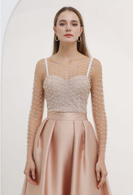 Full Pearl Embellished Sheer Mesh Top in Tan