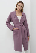 Notch Lapel Belted Longline Knit Cardigan in Mauve
