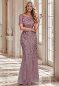 Leaves Branch Sequined Mesh Panelled Gown in Mauve