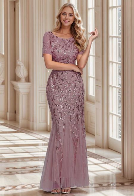 Leaves Branch Sequined Mesh Panelled Gown in Mauve