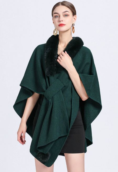 Faux Fur Collar Reversible Poncho in Dark Green