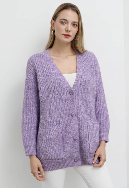 Pastel V-Neck Patch Pocket Knit Cardigan in Lilac