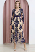 V-Neck Floral Embroidered Mesh Maxi Dress in Navy