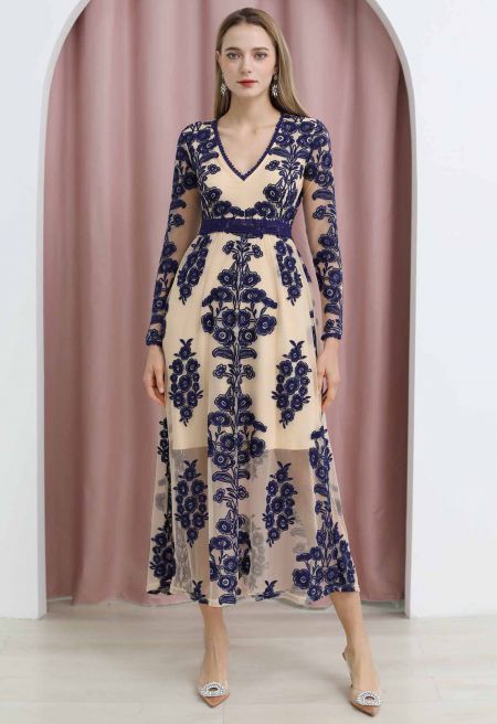 V-Neck Floral Embroidered Mesh Maxi Dress in Navy